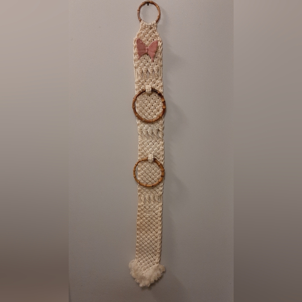 1970's Mid Century Vintage Macrame Ceramic Pink Butterfly Towel Holder Bamboo
